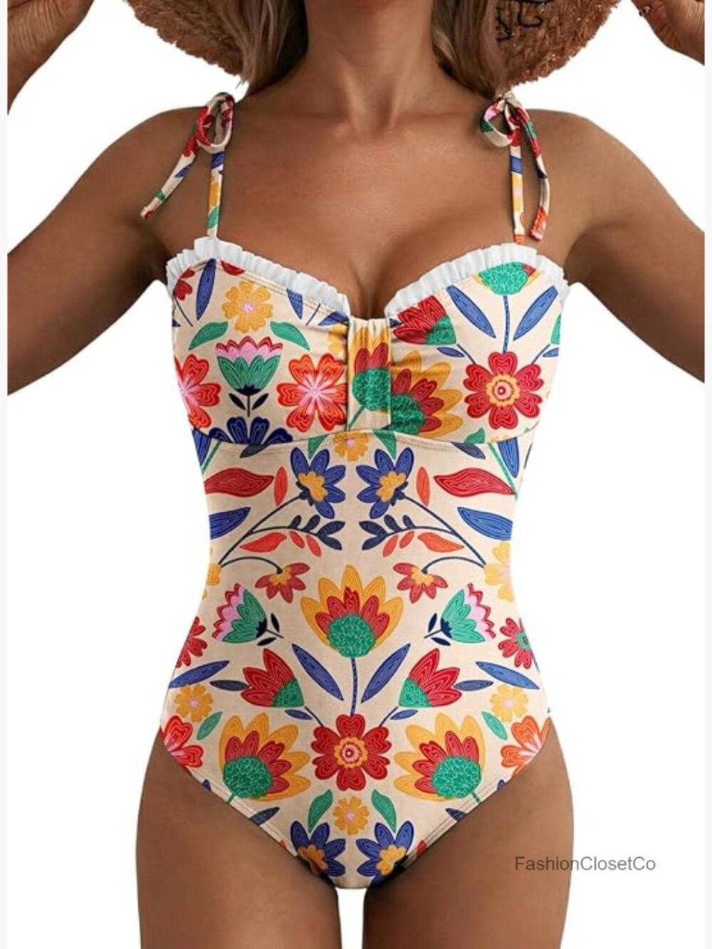 One Piece Swimsuit Tummy Control Tie Shoulder High Cut Summer Beach Swimwear